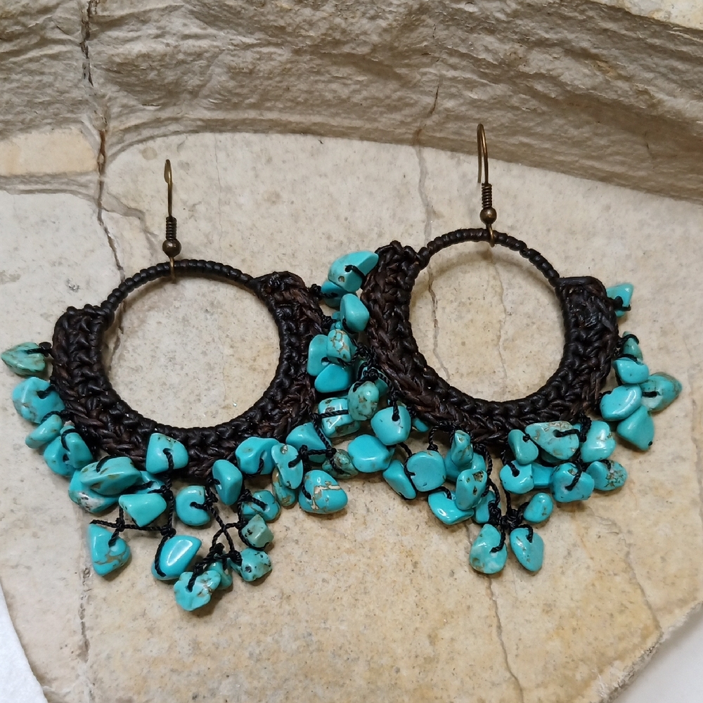 Turquoise and Brown Stone Beaded Hoop Earrings